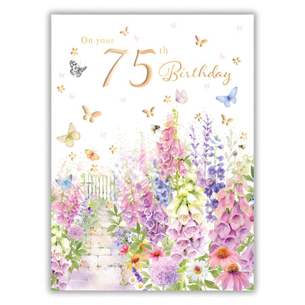 75th Birthday Card for Women - Pretty Watercolour Country Garden - Floral Foxglove and Butterfly Design - Age 75 Happy Birthday Card for Her