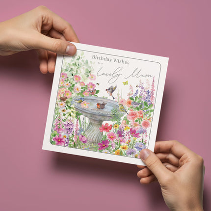 Birthday Card for Mum - Pretty Floral Bird Bath Design - Premium Greeting Card with Envelope