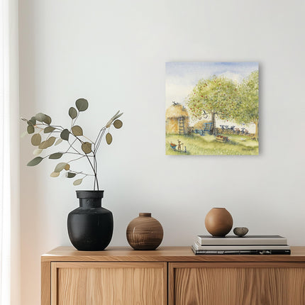 Bunny Rabbits on the Farm Canvas Print Wall Art - Artistic 'The Haystack' by Catherine Stephenson - Countryside Farmer Themed Artwork - Ready to Hang Quirky Home Décor - 30 x 30cm