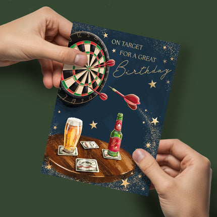 Birthday Card for Men - Sporty Darts & Beer Design - Embossed Gold Foil Finish - Premium Greeting Card with Envelope