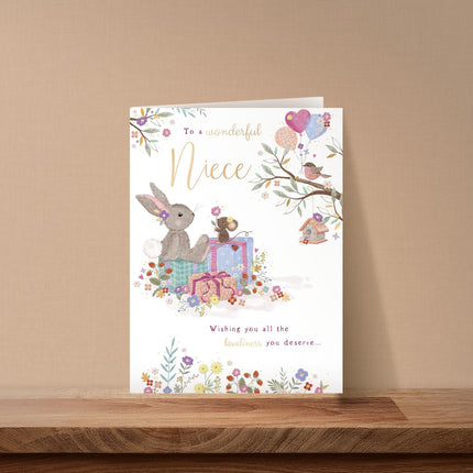 Birthday Card for Niece - Cute Bunny Rabbit & Flowers Design - Embossed Gold Foil Finish - Premium Greeting Card with Envelope