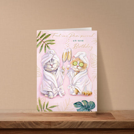 Birthday Card for Women - Cute Cats Being Pampered - 3D Embellishment & Gold Foil Finish - Premium Greeting Card with Envelope