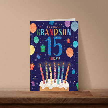 15th Birthday Card for Grandson - Age 15 Fun Cake & Balloons Design - Premium Greeting Card with Envelope