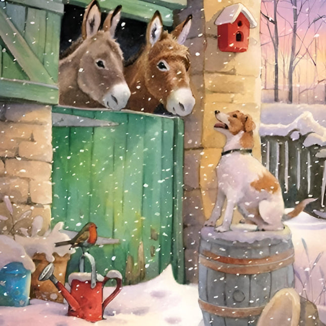 Charity Christmas Cards Pack of 6 - Charity Christmas Cards with Donkeys and a Dog at The Stable Design - Eco-Friendly Xmas Cards Multipack with Envelopes