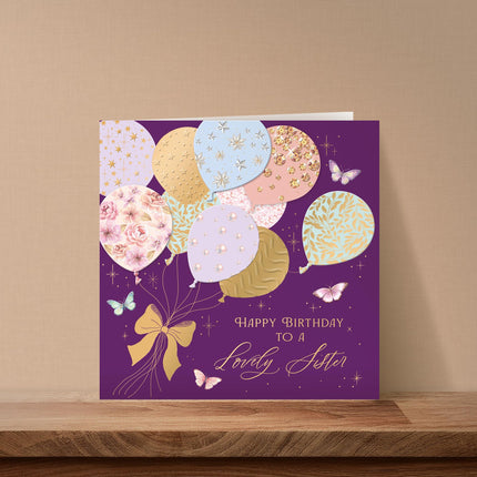 Birthday Card for Lovely Sister - Elegant Floral Balloons & Butterflies - Premium Greeting Card with Envelope - Eco-Friendly & Recyclable