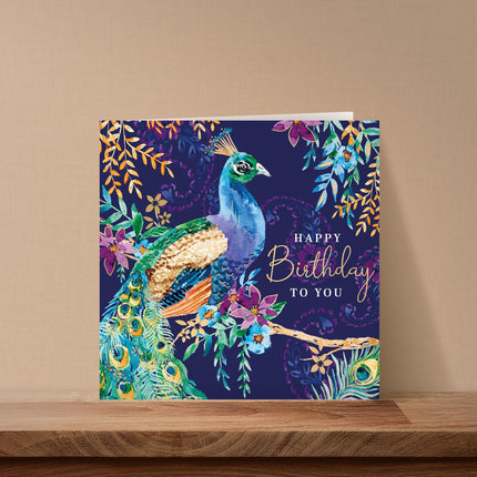 Birthday Card for Women - Lovely Peacock & Flowers Design - Embossed Rose Gold Foil Finish - Premium Greeting Card with Envelope
