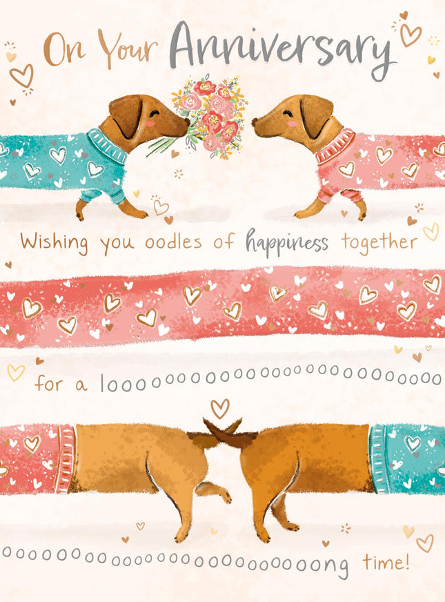 Anniversary Card - Cute Dachshund Dog & Floral Bouquet Design - Happy Anniversary Card for Couples