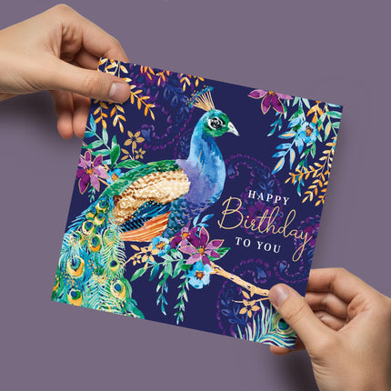 Birthday Card for Women - Lovely Peacock & Flowers Design - Embossed Rose Gold Foil Finish - Premium Greeting Card with Envelope