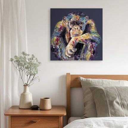 Chimpanzee Canvas Wall Art - 'I'm Still Thinking' by Louise Luton - Artistic Animal Print - Ready to Hang Home Décor - 40cm x 40cm