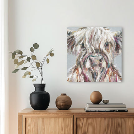 Artistic Highland Cow Canvas Wall Art - 'Ada' by Nicola Jane Rowles - Farm Animal Themed Artwork - Ready to Hang Home Décor - 40cm x 40cm