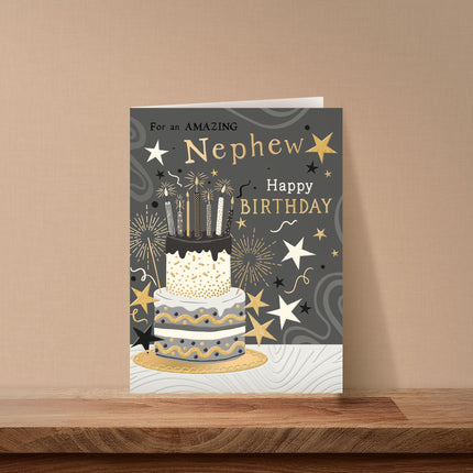 Birthday Card for Nephew - Modern Cake & Stars Design - Embossed Gold Foil Finish - Premium Greeting Card with Envelope