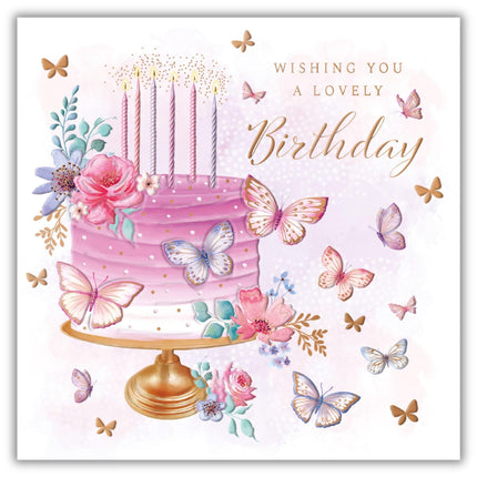 Birthday Card for Women - Pretty Cake & Butterflies Design - Embossed Rose Gold Foil Finish - Premium Special Birthday Greeting Card with Envelope for Her