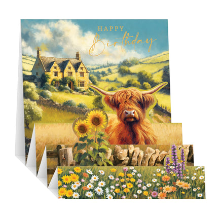 3D Pop Up Birthday Card for Women - Cute Highland Cow Design - Embossed Gold Foil Finish - Premium Greeting Card with Envelope