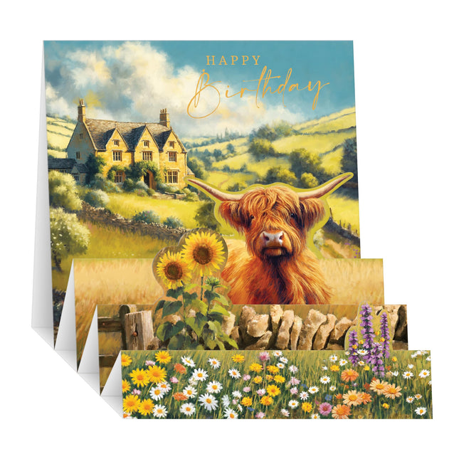 3D Pop Up Birthday Card for Women - Cute Highland Cow Design - Embossed Gold Foil Finish - Premium Greeting Card with Envelope