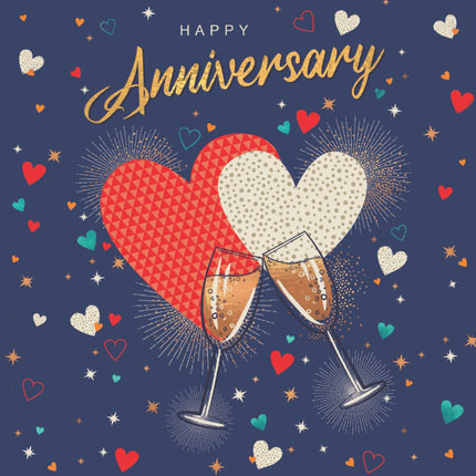 Anniversary Card - Modern Hearts & Champagne Glasses Design - Vibrant Anniversary Greeting Card for a Special Couple or a Loved One