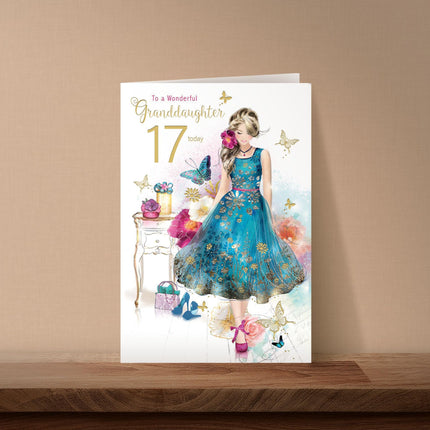 17th Birthday Card for Granddaughter - Age 17 Pretty Girl & Butterflies Design - Premium Greeting Card with Envelope