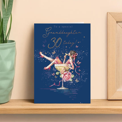 30th Birthday Card for Granddaughter - Age 30 Pretty Floral Cocktail Design - Premium Greeting Card with Envelope