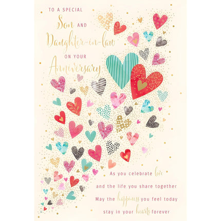 Son and Daughter-in-Law Anniversary Card - Floral Love Hearts Design - Eco-Friendly - Recyclable