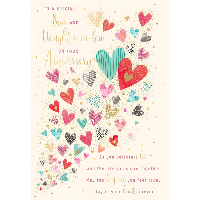 Son and Daughter-in-Law Anniversary Card - Floral Love Hearts Design - Eco-Friendly - Recyclable