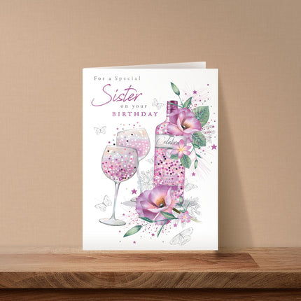 Birthday Card for Sister - Pretty Floral Wine Design - Premium Greeting Card with Envelope