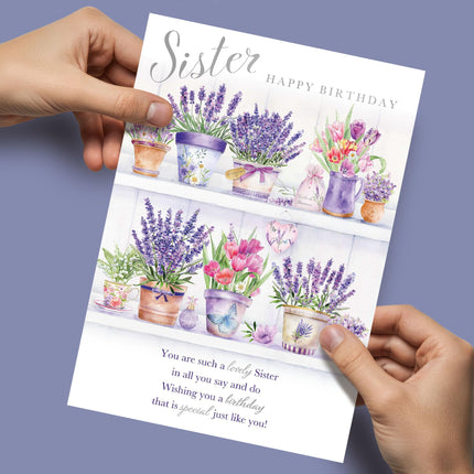 Birthday Card for Sister - Pretty Floral Design - Silver Foil Finish - Premium Greeting Card with Envelope