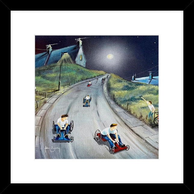 Retro Go Karts Framed Print Wall Art - Nostalgic Home Decor - Adam Barsby Artwork - Ready to Hang 'Hot Wheels' Painting - 43.5 x 43.5cm