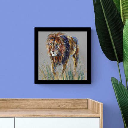 Lion Framed Print - Courage Painting by Louise Luton - Contemporary Animal Themed Artwork - 33.5 x 33.5 cm