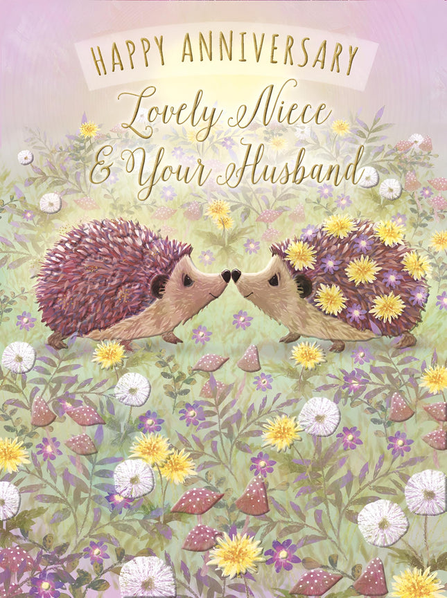 Lovely Niece and Husband Anniversary Card - Happy Anniversary Card with Cute Artistic Floral Hedgehog Design - Anniversary Card for a Special Couple