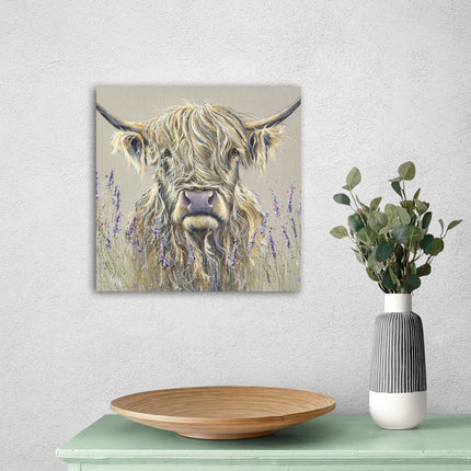 Artistic Highland Cow Canvas Wall Art - 'Lavender' by Louise Luton - Animal Themed Artwork - Ready to Hang Home Décor - 40cm x 40cm