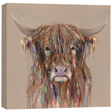 Artistic Highland Cow Canvas Wall Art - 'Bold Cow' by Louise Luton - Farm Animal Themed Artwork - Ready to Hang Home Décor - 40cm x 40cm