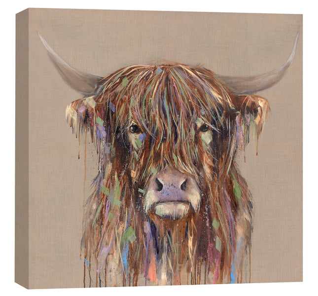 Artistic Highland Cow Canvas Wall Art - 'Bold Cow' by Louise Luton - Farm Animal Themed Artwork - Ready to Hang Home Décor - 40cm x 40cm