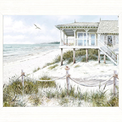 Artistic Coastal Framed Print – Beachfront Home & Seascape Picture - ‘The Beach House’ by Richard Macneil – Ready to Hang Wall Art - Seaside Themed Home Décor – 37cm x 31cm
