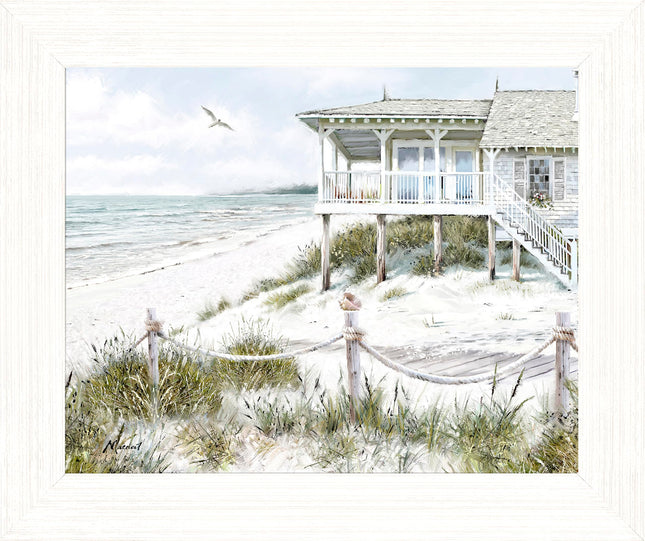 Artistic Coastal Framed Print – Beachfront Home & Seascape Picture - ‘The Beach House’ by Richard Macneil – Ready to Hang Wall Art - Seaside Themed Home Décor – 37cm x 31cm