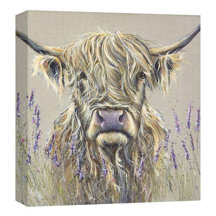 Artistic Highland Cow Canvas Wall Art - 'Lavender' by Louise Luton - Animal Themed Artwork - Ready to Hang Home Décor - 40cm x 40cm