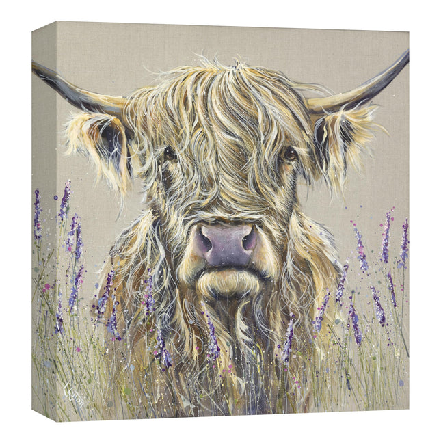 Artistic Highland Cow Canvas Wall Art - 'Lavender' by Louise Luton - Animal Themed Artwork - Ready to Hang Home Décor - 40cm x 40cm