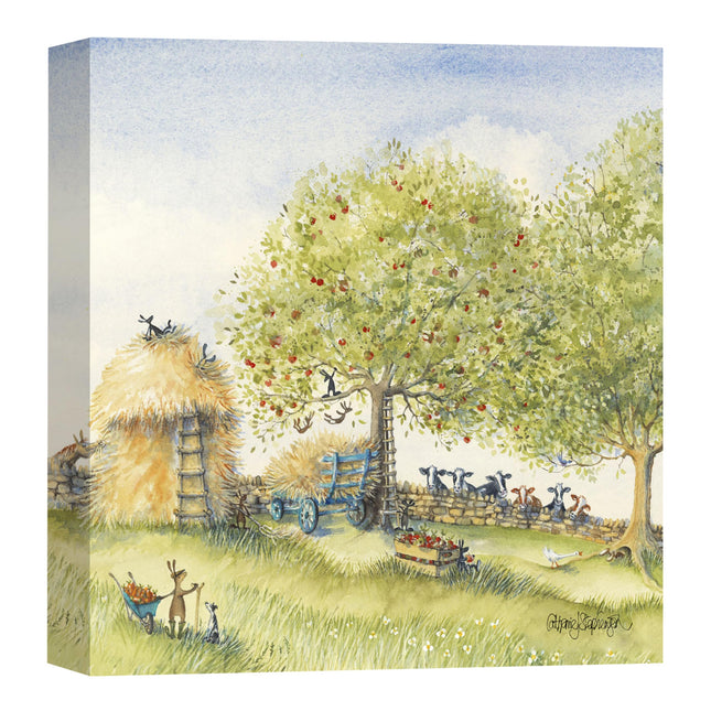 Bunny Rabbits on the Farm Canvas Print Wall Art - Artistic 'The Haystack' by Catherine Stephenson - Countryside Farmer Themed Artwork - Ready to Hang Quirky Home Décor - 30 x 30cm