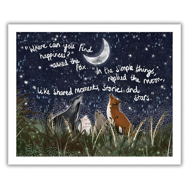 Woodland Wildlife at Night Framed Wall Art Print - 'Simple Things' by Fox Under The Moon - Thoughtful Happiness Picture - 32 x 26cm Frame