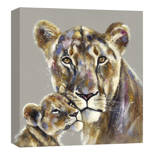 Artistic Lioness & Cub Canvas Wall Art - 'Majestic Bonds' by Louise Luton - African Animal Themed Artwork - Ready to Hang Home Décor - 40cm x 40cm