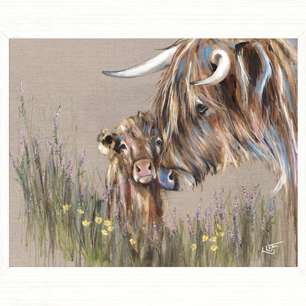 Artistic Highland Cow & Calf Framed Print – Endearing 'Heather & Buttercup' Picture by Louise Luton - Ready to Hang Wall Art - Charming Home Décor – 37cm x 31cm