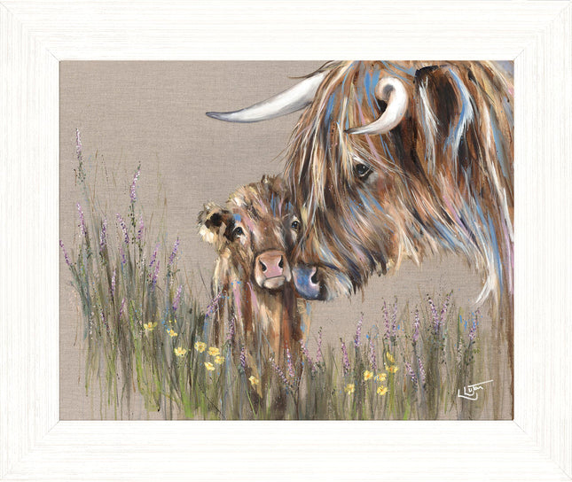 Artistic Highland Cow & Calf Framed Print – Endearing 'Heather & Buttercup' Picture by Louise Luton - Ready to Hang Wall Art - Charming Home Décor – 37cm x 31cm