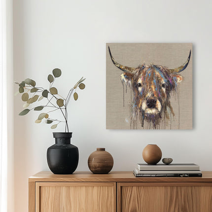 Artistic Highland Cow Canvas Wall Art - 'Faithful' by Louise Luton - Farm Animal Themed Artwork - Ready to Hang Home Décor - 40cm x 40cm