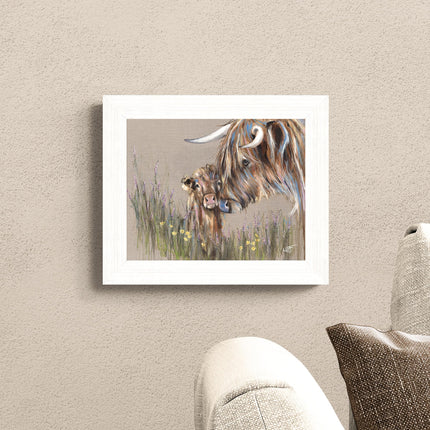 Artistic Highland Cow & Calf Framed Print – Endearing 'Heather & Buttercup' Picture by Louise Luton - Ready to Hang Wall Art - Charming Home Décor – 37cm x 31cm