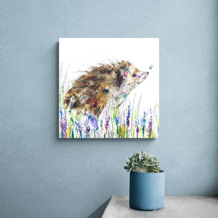 'Lavender' Floral Hedgehog by Nicola Jane Rowles Canvas Wall Art - 30 x 30 cm Ready to Hang Artwork Print for Home Decor - Pictures, Paintings & Prints for Living Room, Bedroom, Kitchen
