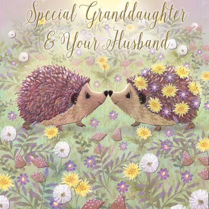 Special Granddaughter and Husband Anniversary Card - Happy Anniversary Card with Cute Artistic Floral Hedgehog Design- Anniversary Card for a Special Couple