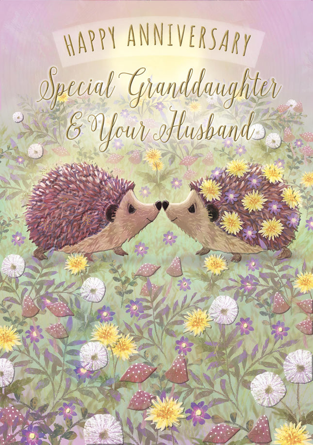 Special Granddaughter and Husband Anniversary Card - Happy Anniversary Card with Cute Artistic Floral Hedgehog Design- Anniversary Card for a Special Couple