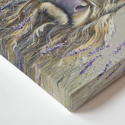 Artistic Highland Cow Canvas Wall Art - 'Lavender' by Louise Luton - Animal Themed Artwork - Ready to Hang Home Décor - 40cm x 40cm