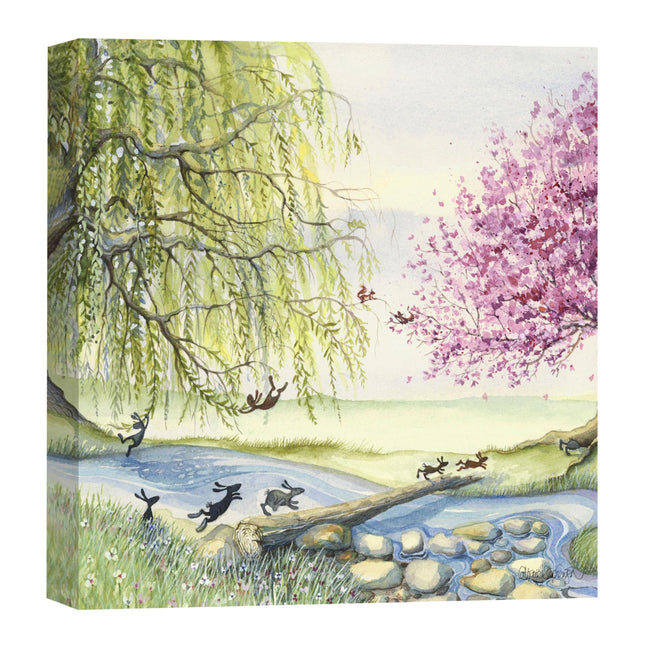 Rabbits in the Countryside Canvas Wall Art - Artistic 'Racing Home' by Catherine Stephenson - Animal Themed Artwork - Ready to Hang Quirky Home Décor Painting - 40 x 40cm