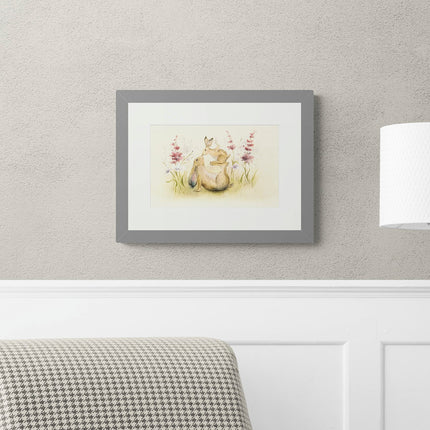 Hares Framed Print - Precious One Painting by Sarah Reilly - Contemporary Animal Themed Artwork - 43.5 x 33.5 cm