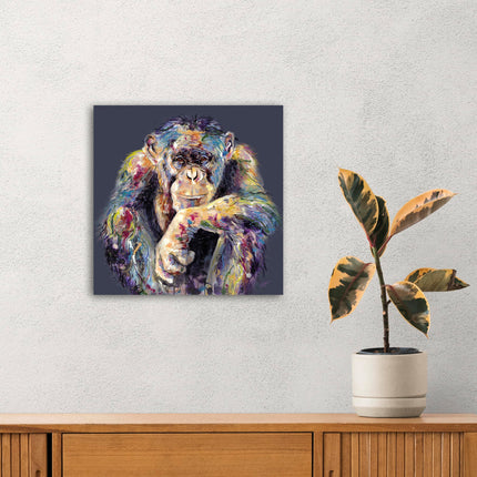 Chimpanzee Canvas Wall Art - 'I'm Still Thinking' by Louise Luton - Artistic Animal Print - Ready to Hang Home Décor - 40cm x 40cm