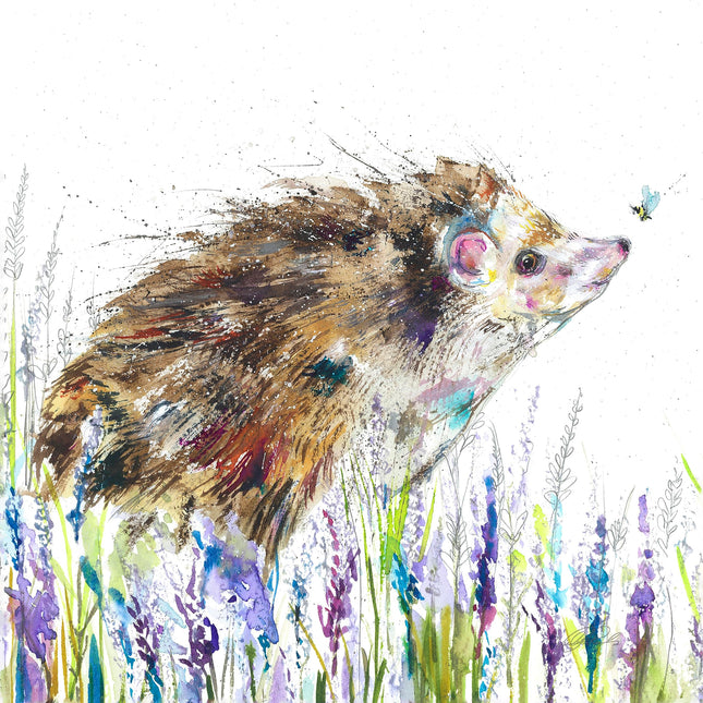 'Lavender' Floral Hedgehog by Nicola Jane Rowles Canvas Wall Art - 30 x 30 cm Ready to Hang Artwork Print for Home Decor - Pictures, Paintings & Prints for Living Room, Bedroom, Kitchen